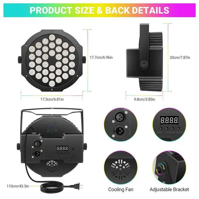 Alt view image 4 of 7 - 36LEDs RGB Stage Lights 4Pack: 36W Par Light- Remote & DMX Control - Sound Activated Corded Electric Uplights for Events Wedding Party Club Band Music Dance DJ Live Show Church Lighting