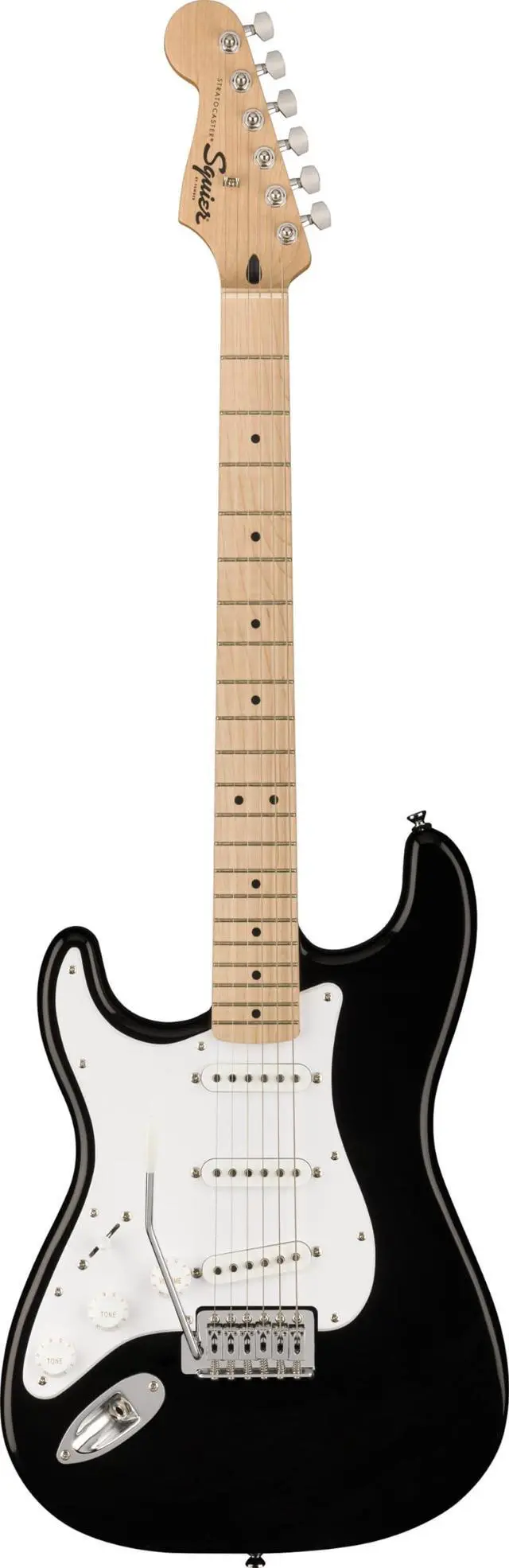 Main image of Squier Sonic Stratocaster Electric Guitar, Left-Handed,Black | Left-handed Strat-style body, maple fingerboard, white pickguard, beginner-friendly, -backed quality