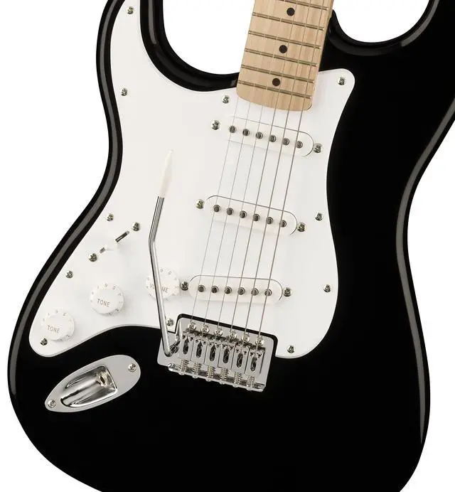 Alt view image 3 of 7 - Squier Sonic Stratocaster Electric Guitar, Left-Handed,Black | Left-handed Strat-style body, maple fingerboard, white pickguard, beginner-friendly, -backed quality