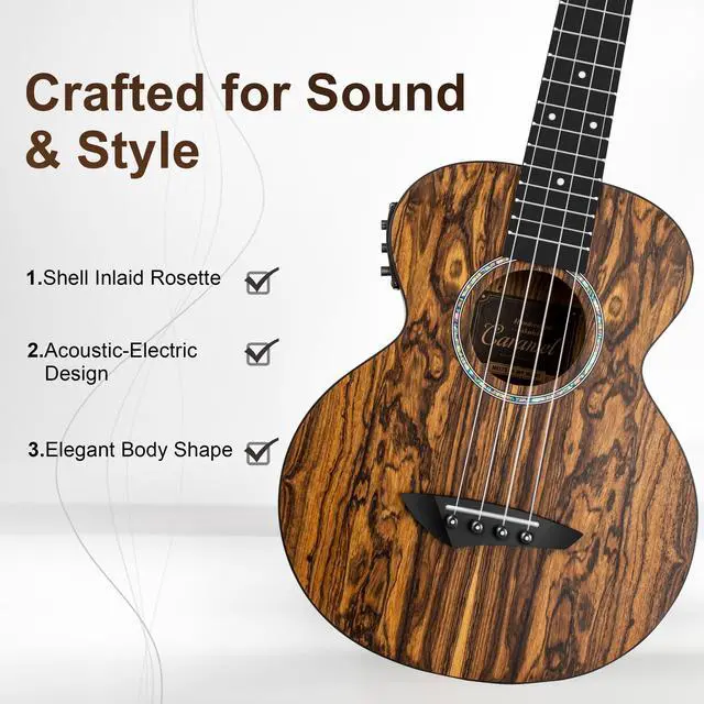 Alt view image 2 of 7 - 26 inch CT905 All Butterfly Bocote Wood Tenor Electric Ukulele | Professional Ukelele Kit Beginner Guitar Starter Bundle Strings, Padded Gig Bag, Strap