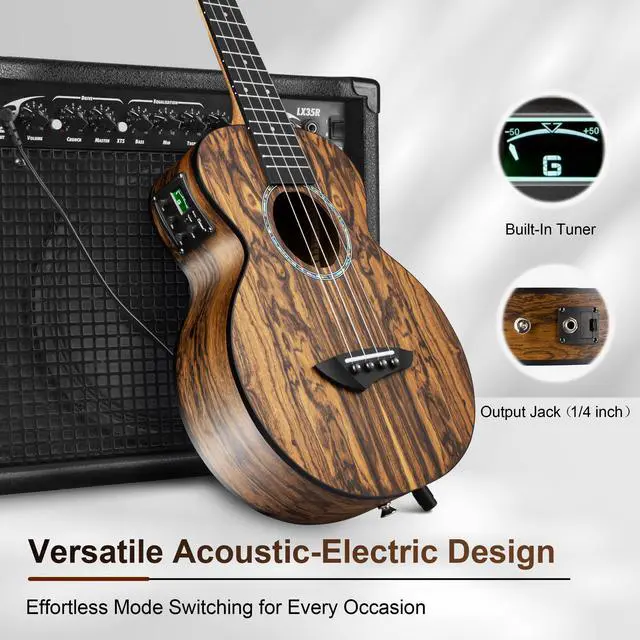 Alt view image 6 of 7 - 26 inch CT905 All Butterfly Bocote Wood Tenor Electric Ukulele | Professional Ukelele Kit Beginner Guitar Starter Bundle Strings, Padded Gig Bag, Strap