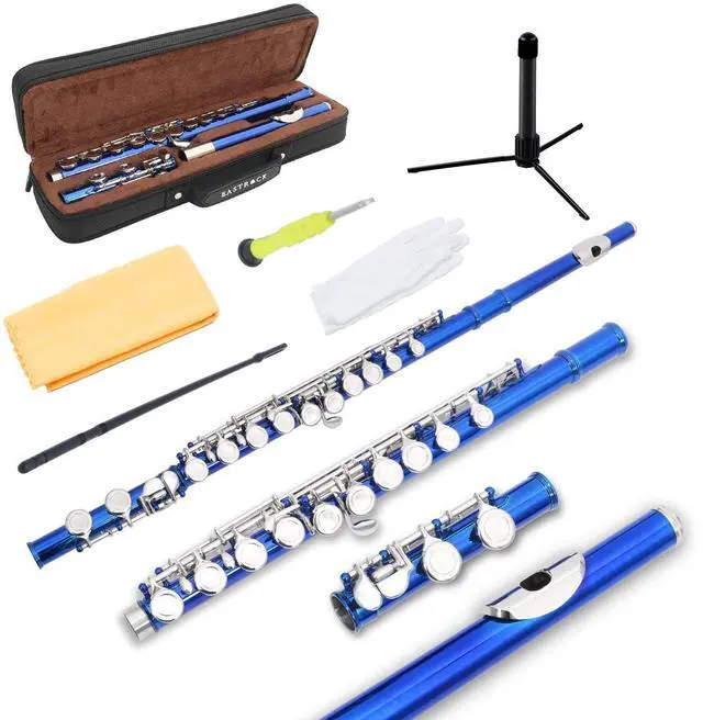Main image of Closed Hole Flutes C 16 Key for Beginner, Kids, Student -Silver Nickel Flute with Case Stand and Cleaning kit (Blue)