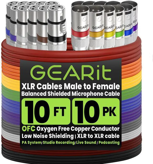 Main image of XLR Cables 10ft 10 Pack, Microphone Cable XLR Male to Female, Balanced Shielded Mic Cable with Copper Conductors for Recording Studio, Podcast, Stage Audio & Live Sound