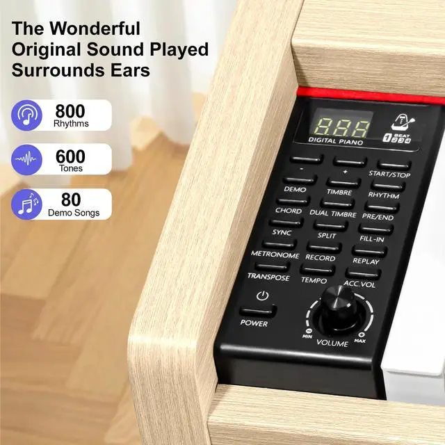 Alt view image 4 of 7 - Digital Piano 88 Keys Semi-Weighted Full Size Keyboard for Beginners, Electric Piano with MIDI, Pedal, Keyboard Piano 800 Tones, 600 Rhythms, 80 Demo Songs, Dual Speakers, Recording Function (Apricot)