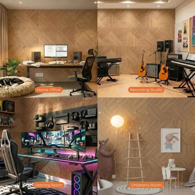 Alt view image 6 of 7 - 6 Pack Wood Wall Panel,23.6"x23.6" Peel and Stick Faux Acousitc Panel | Luxury Teak Woodgrain Textured Panel for Wall & Home Decor - Self Adhesive Sound Absorbing for Studio,Office, Living Room
