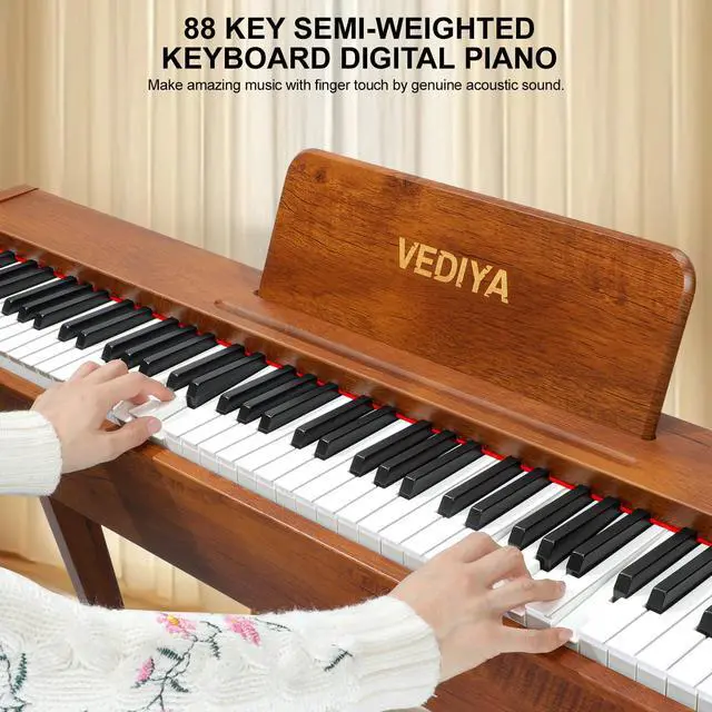Alt view image 3 of 7 - Digital Piano 88 Keys Semi-Weighted Full Size Keyboard for Beginners, Electric Piano with MIDI, Pedal, Keyboard Piano 800 Tones, 600 Rhythms, Dual Speakers, Recording Function (Brown)