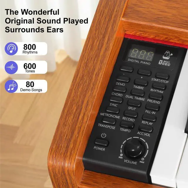 Alt view image 4 of 7 - Digital Piano 88 Keys Semi-Weighted Full Size Keyboard for Beginners, Electric Piano with MIDI, Pedal, Keyboard Piano 800 Tones, 600 Rhythms, Dual Speakers, Recording Function (Brown)