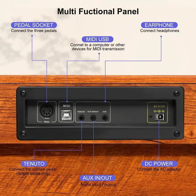 Alt view image 5 of 7 - Digital Piano 88 Keys Semi-Weighted Full Size Keyboard for Beginners, Electric Piano with MIDI, Pedal, Keyboard Piano 800 Tones, 600 Rhythms, Dual Speakers, Recording Function (Brown)