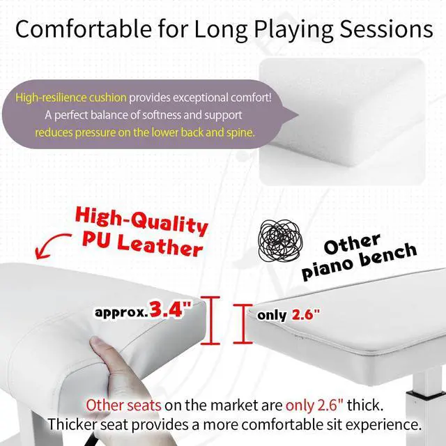 Alt view image 6 of 7 - Height Adjustable Keyboard Bench Hydraulic Lifting Smooth | Piano Bench 19.3" x 12.2" PU Leather Seat Keyboard Chair Heavy Duty Piano Stool with High-Density Sponge Alloy Base