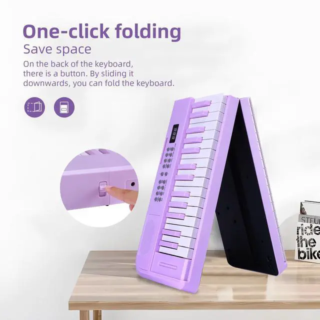 Alt view image 2 of 7 - 61 Key Folding Electric Piano Keyboard, Foldable Electronic Keyboard, Wireless 128 Tones, 128 Rhythms Includes Pedal, Gig Bag, Headphones for Beginners, Students, Teenagers, Adults, Purple