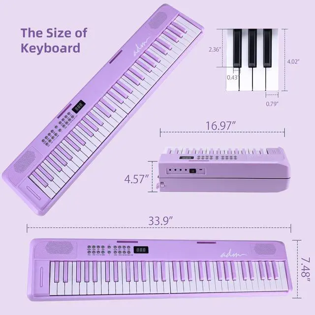 Alt view image 3 of 7 - 61 Key Folding Electric Piano Keyboard, Foldable Electronic Keyboard, Wireless 128 Tones, 128 Rhythms Includes Pedal, Gig Bag, Headphones for Beginners, Students, Teenagers, Adults, Purple