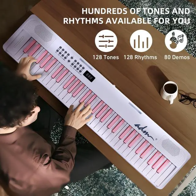 Alt view image 5 of 7 - 61 Key Folding Electric Piano Keyboard, Foldable Electronic Keyboard, Wireless 128 Tones, 128 Rhythms Includes Pedal, Gig Bag, Headphones for Beginners, Students, Teenagers, Adults, White