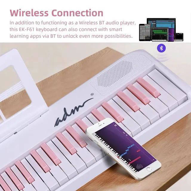 Alt view image 6 of 7 - 61 Key Folding Electric Piano Keyboard, Foldable Electronic Keyboard, Wireless 128 Tones, 128 Rhythms Includes Pedal, Gig Bag, Headphones for Beginners, Students, Teenagers, Adults, White