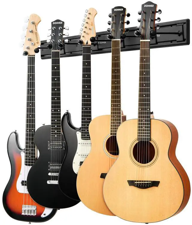 Main image of Guitar Wall Rack, Multiple Guitar Wall Mount with 5 Adjustable Hangers, Guitar Organizer for Acoustic & Electric Guitars, Bass, Violin, Ukulele, Banjo, Mandolin