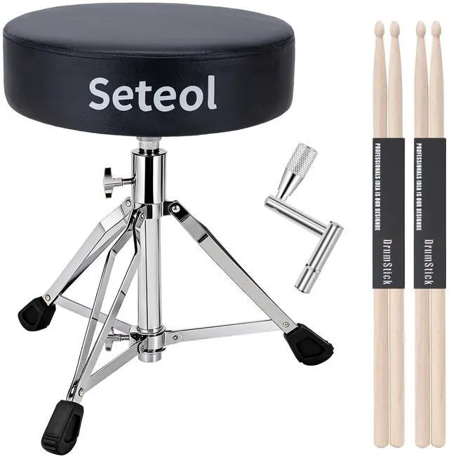 Main image of Drum Throne, Adjustable Height Drum Stool with Wide Round Drum Seat | 4 inch Thick Padded for Adult Drummers, with 2 Pairs 5A Drumsticks & Drum Key