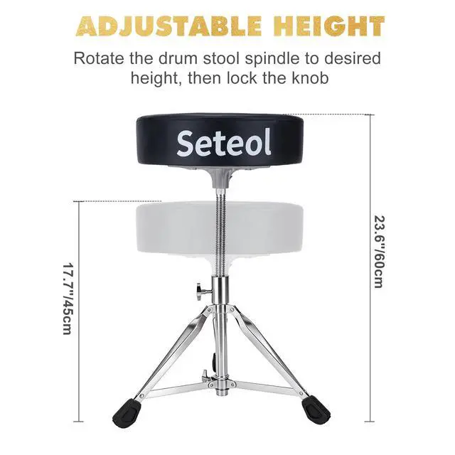 Alt view image 3 of 7 - Drum Throne, Adjustable Height Drum Stool with Wide Round Drum Seat | 4 inch Thick Padded for Adult Drummers, with 2 Pairs 5A Drumsticks & Drum Key