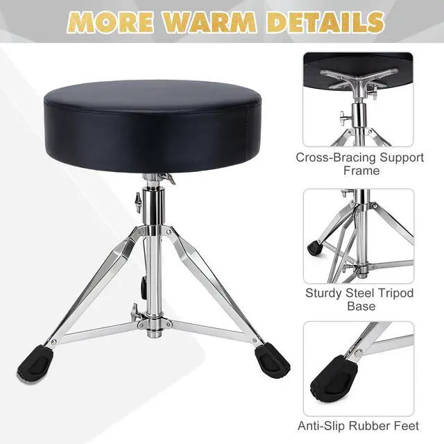 Alt view image 5 of 7 - Drum Throne, Adjustable Height Drum Stool with Wide Round Drum Seat | 4 inch Thick Padded for Adult Drummers, with 2 Pairs 5A Drumsticks & Drum Key