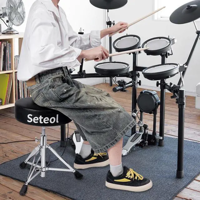 Alt view image 2 of 7 - Drum Throne, Adjustable Height Drum Stool with Wide Round Drum Seat | 4 inch Thick Padded for Adult Drummers, with 2 Pairs 5A Drumsticks & Drum Key