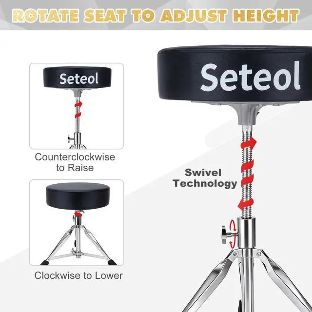 Alt view image 6 of 7 - Drum Throne, Adjustable Height Drum Stool with Wide Round Drum Seat | 4 inch Thick Padded for Adult Drummers, with 2 Pairs 5A Drumsticks & Drum Key