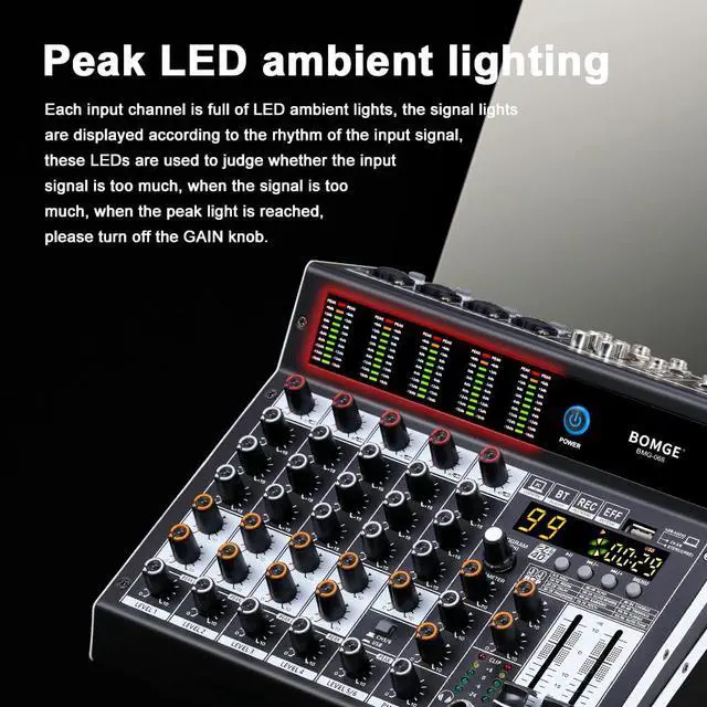 Alt view image 3 of 7 - Professional audio mixer 6 Channel Mixing Console with 99 DSP Effect,+48V Phantom, Bluetooth,USB Interface.2 AUX.FX Processor for studio recording & Live Performances