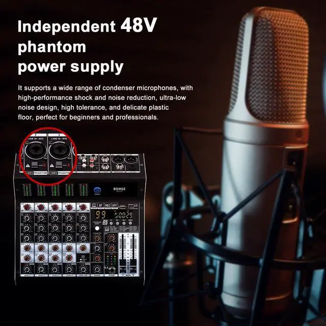 Alt view image 4 of 7 - Professional audio mixer 6 Channel Mixing Console with 99 DSP Effect,+48V Phantom, Bluetooth,USB Interface.2 AUX.FX Processor for studio recording & Live Performances