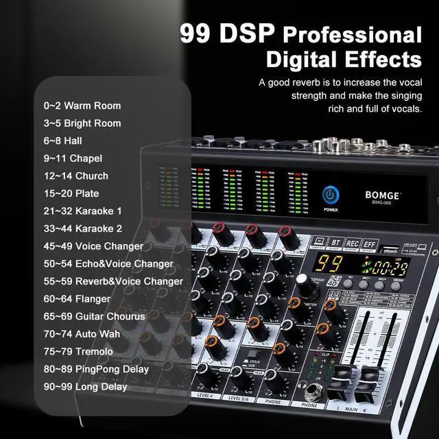 Alt view image 5 of 7 - Professional audio mixer 6 Channel Mixing Console with 99 DSP Effect,+48V Phantom, Bluetooth,USB Interface.2 AUX.FX Processor for studio recording & Live Performances