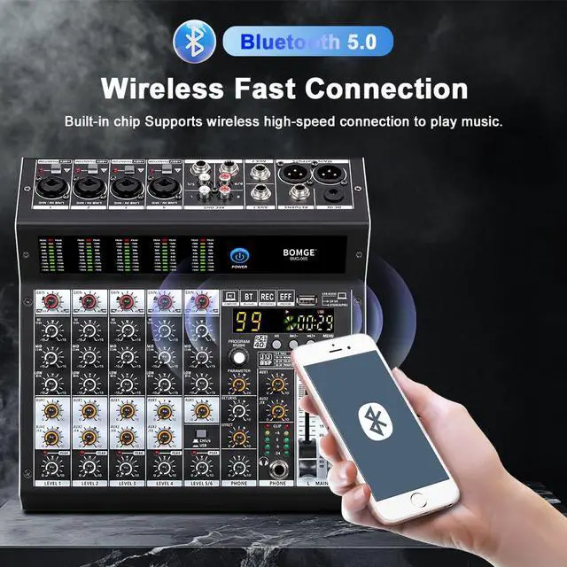 Alt view image 6 of 7 - Professional audio mixer 6 Channel Mixing Console with 99 DSP Effect,+48V Phantom, Bluetooth,USB Interface.2 AUX.FX Processor for studio recording & Live Performances