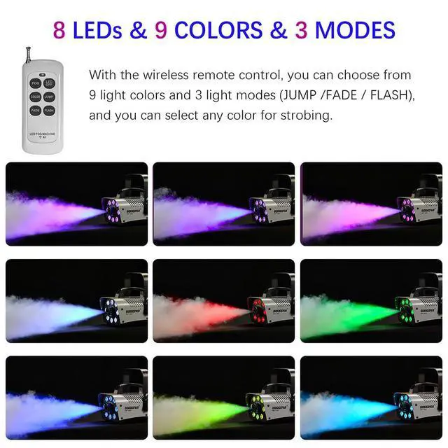 Alt view image 3 of 7 - 700W Fog Machine 8 RGB LED 3000 CFM Wireless Remote Smoke Maker | 0.5L Tank, 9 Light Color and 3 Modes, Metal Body, Overheat Protection, Portable for Halloween, Parties, Stage