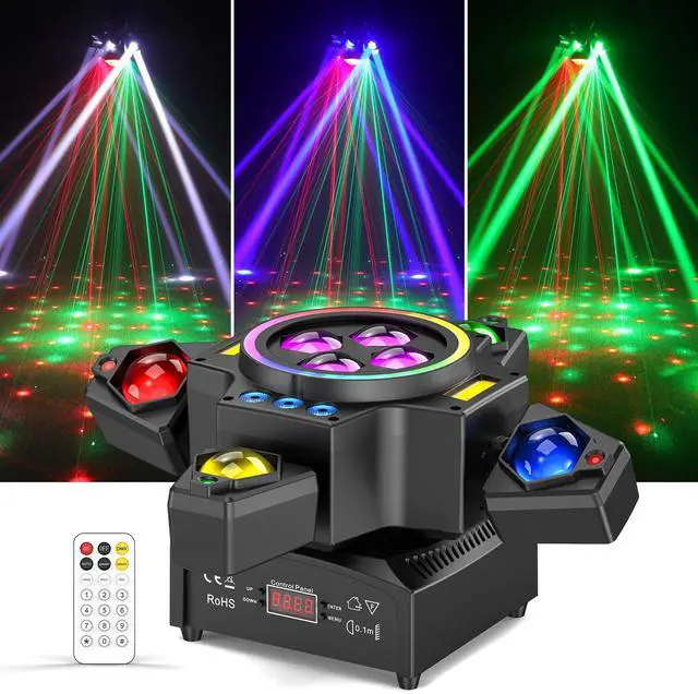 Main image of Moving Head DJ Lights,120W Party Light 4 Arm RGBW 4-in-1 Bee-Eyes Beam/Wash/Red Green Starry Sky Golden Strobe Halo Ring Effect Light,Sound-Active/DMX/Remote Control for Party Club Stage Show