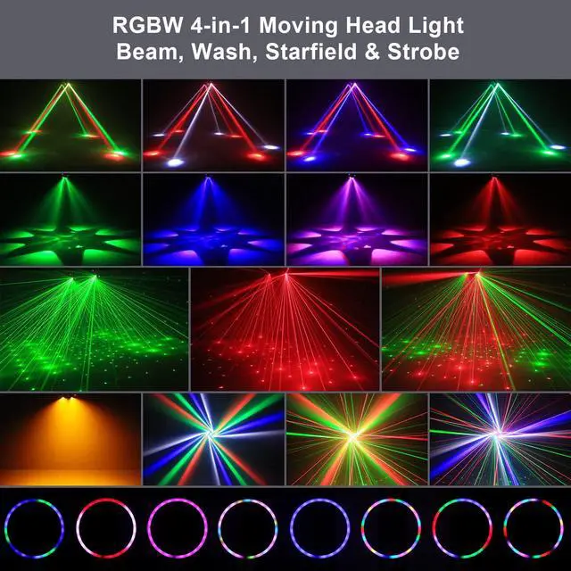 Alt view image 2 of 7 - Moving Head DJ Lights,120W Party Light 4 Arm RGBW 4-in-1 Bee-Eyes Beam/Wash/Red Green Starry Sky Golden Strobe Halo Ring Effect Light,Sound-Active/DMX/Remote Control for Party Club Stage Show