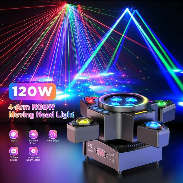 Alt view image 3 of 7 - Moving Head DJ Lights,120W Party Light 4 Arm RGBW 4-in-1 Bee-Eyes Beam/Wash/Red Green Starry Sky Golden Strobe Halo Ring Effect Light,Sound-Active/DMX/Remote Control for Party Club Stage Show