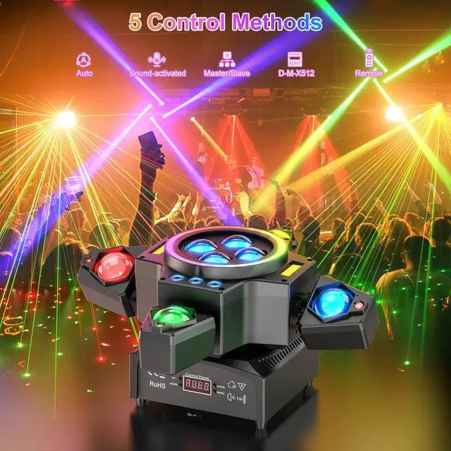 Alt view image 4 of 7 - Moving Head DJ Lights,120W Party Light 4 Arm RGBW 4-in-1 Bee-Eyes Beam/Wash/Red Green Starry Sky Golden Strobe Halo Ring Effect Light,Sound-Active/DMX/Remote Control for Party Club Stage Show