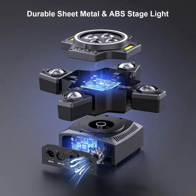 Alt view image 7 of 7 - Moving Head DJ Lights,120W Party Light 4 Arm RGBW 4-in-1 Bee-Eyes Beam/Wash/Red Green Starry Sky Golden Strobe Halo Ring Effect Light,Sound-Active/DMX/Remote Control for Party Club Stage Show
