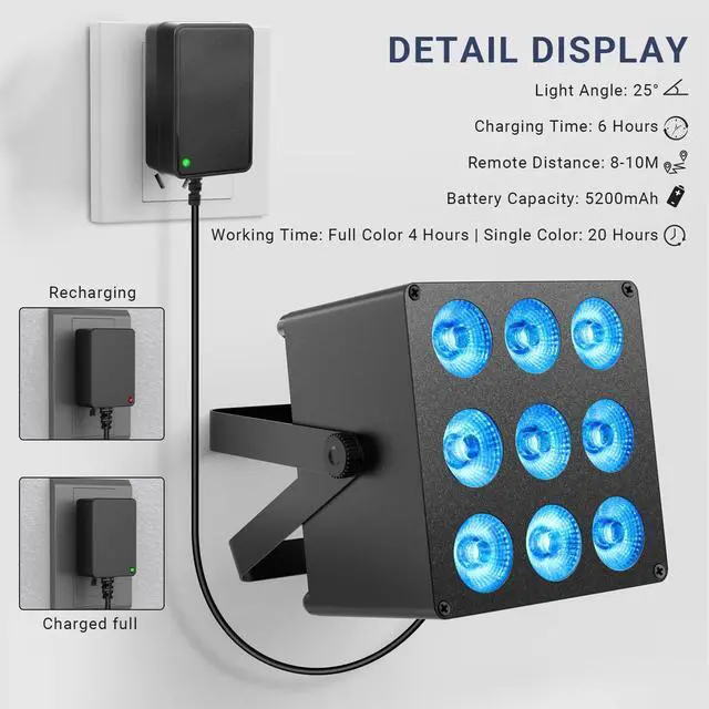 Alt view image 3 of 7 - Battery Powered Uplights, 6IN1 RGBWA+UV LED, Rechargeable, 2 Pack | 20H Single-Color 6H Charging, Remote DMX & Sound Activation, for DJ Wedding Party Church Live Performance