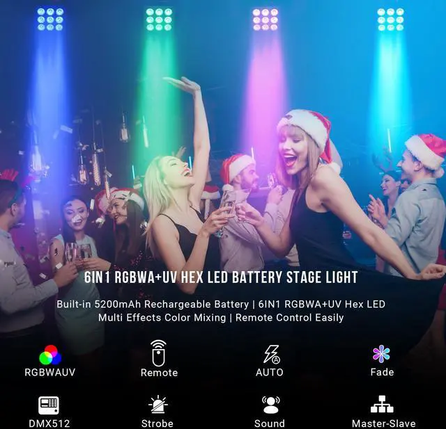 Alt view image 4 of 7 - Battery Powered Uplights, 6IN1 RGBWA+UV LED, Rechargeable, 2 Pack | 20H Single-Color 6H Charging, Remote DMX & Sound Activation, for DJ Wedding Party Church Live Performance