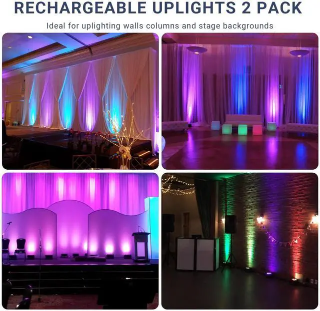 Alt view image 5 of 7 - Battery Powered Uplights, 6IN1 RGBWA+UV LED, Rechargeable, 2 Pack | 20H Single-Color 6H Charging, Remote DMX & Sound Activation, for DJ Wedding Party Church Live Performance