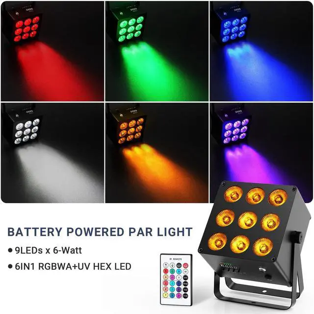 Alt view image 2 of 7 - Battery Powered Uplights, 6IN1 RGBWA+UV LED, Rechargeable, 2 Pack | 20H Single-Color 6H Charging, Remote DMX & Sound Activation, for DJ Wedding Party Church Live Performance
