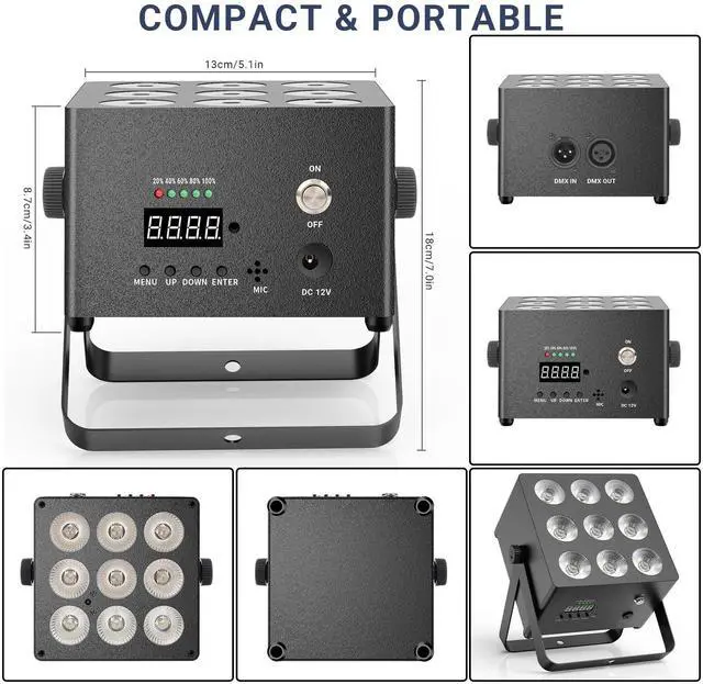 Alt view image 7 of 7 - Battery Powered Uplights, 6IN1 RGBWA+UV LED, Rechargeable, 2 Pack | 20H Single-Color 6H Charging, Remote DMX & Sound Activation, for DJ Wedding Party Church Live Performance