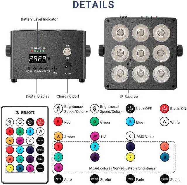 Alt view image 6 of 7 - Battery Powered Uplights, 6IN1 RGBWA+UV LED, Rechargeable, 2 Pack | 20H Single-Color 6H Charging, Remote DMX & Sound Activation, for DJ Wedding Party Church Live Performance