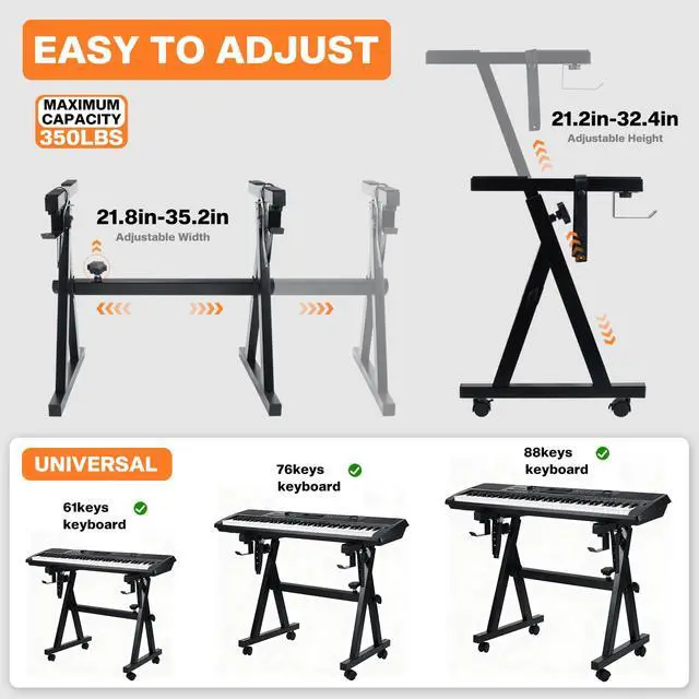 Alt view image 4 of 6 - Piano Keyboard Stand-Z Style Adjustable and Portable Heavy Duty Music Stand with Wheels-Fits 54-88 Key Electric Pianos-Sturdy Musical Keyboard Stand for Practice & Performance