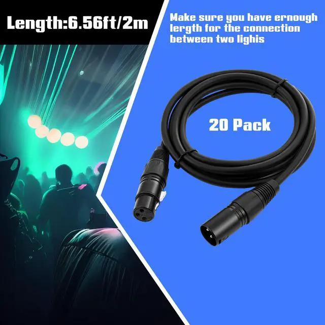 Alt view image 4 of 6 - 20 Pcs 6.5ft 3 Pin DMX Cable Flexible DMX Signal Cables Wires with Metal Connectors XLR Male to Female Connection for Stage Lighting Spotlight Dj Controller Moving Head Club Party, Black