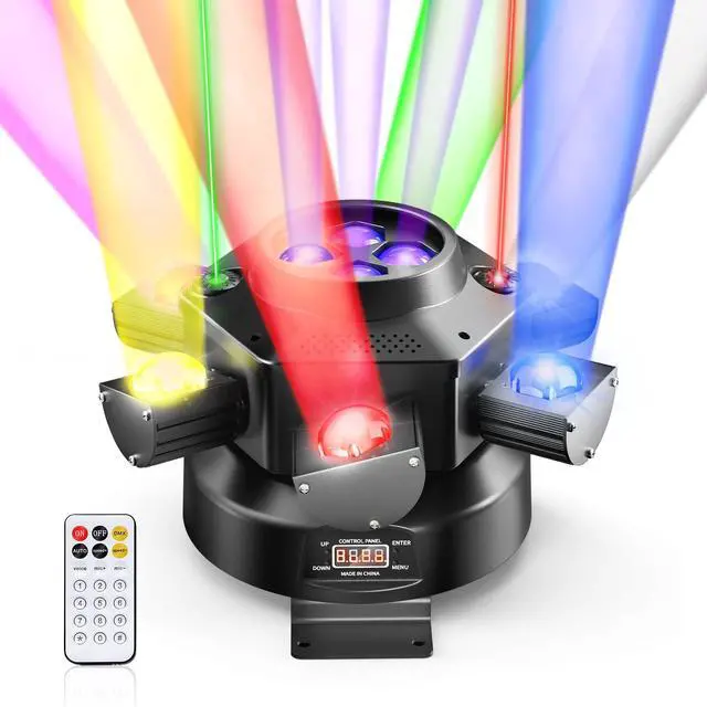 Main image of 6 Arms Moving Head DJ Lights with Remote for Party Disco Bar Stage Wedding | 150W RGBW 4-in-1 LED, DMX-512 & sound activation & remote control, Pro Metal Look, Sharp Beam, White Strobe, Laser Lights