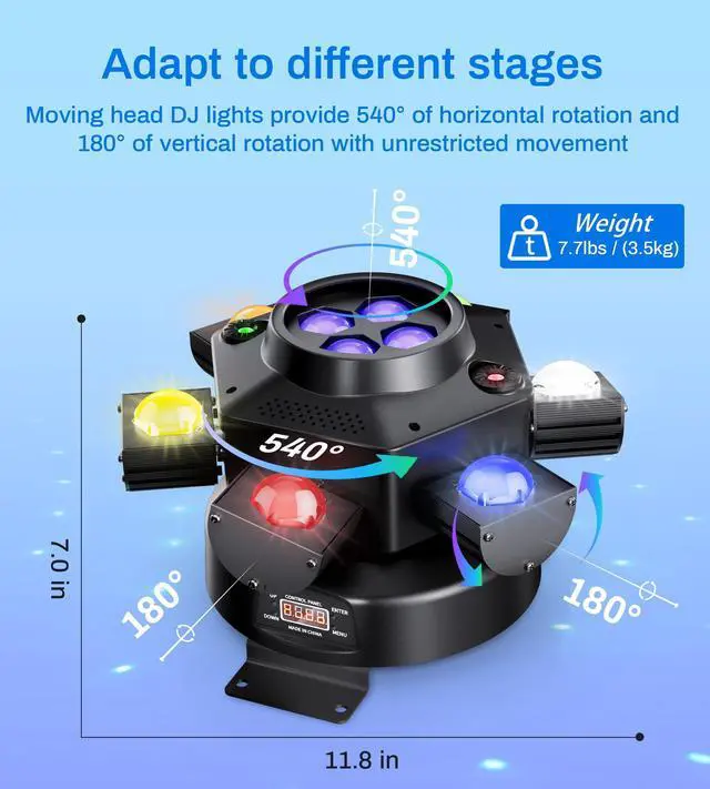 Alt view image 4 of 7 - 6 Arms Moving Head DJ Lights with Remote for Party Disco Bar Stage Wedding | 150W RGBW 4-in-1 LED, DMX-512 & sound activation & remote control, Pro Metal Look, Sharp Beam, White Strobe, Laser Lights