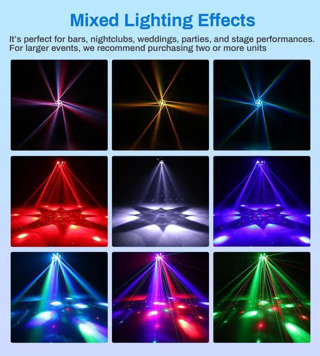 Alt view image 2 of 7 - 6 Arms Moving Head DJ Lights with Remote for Party Disco Bar Stage Wedding | 150W RGBW 4-in-1 LED, DMX-512 & sound activation & remote control, Pro Metal Look, Sharp Beam, White Strobe, Laser Lights
