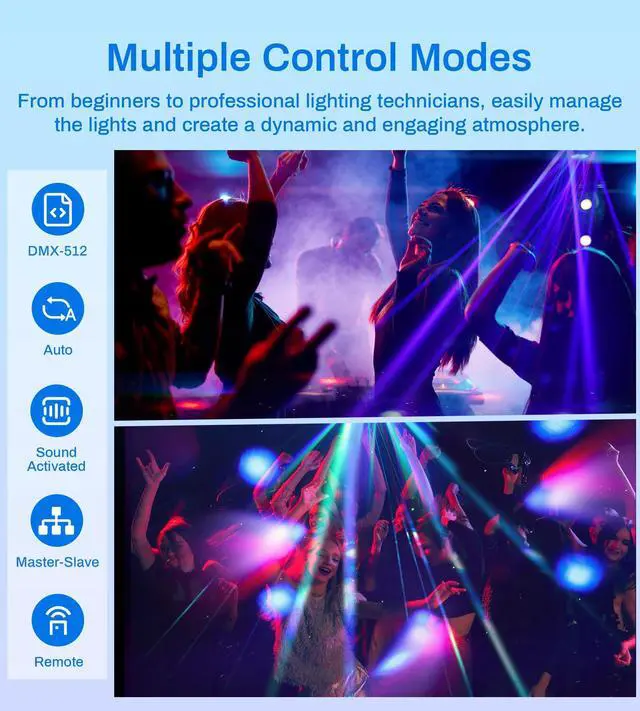Alt view image 3 of 7 - 6 Arms Moving Head DJ Lights with Remote for Party Disco Bar Stage Wedding | 150W RGBW 4-in-1 LED, DMX-512 & sound activation & remote control, Pro Metal Look, Sharp Beam, White Strobe, Laser Lights