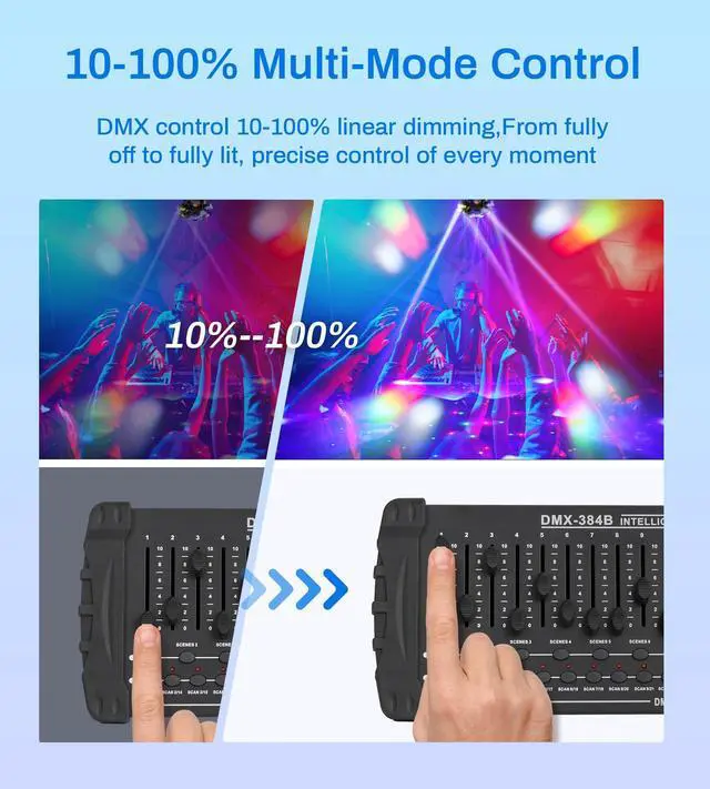 Alt view image 6 of 7 - 6 Arms Moving Head DJ Lights with Remote for Party Disco Bar Stage Wedding | 150W RGBW 4-in-1 LED, DMX-512 & sound activation & remote control, Pro Metal Look, Sharp Beam, White Strobe, Laser Lights