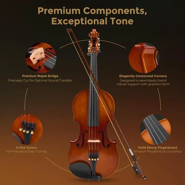 Alt view image 3 of 7 - Violin 4/4 Full Size Set, Handcrafted Entry Level Acoustic Violin Set with Lightweight Hard Case, Suitable for Beginners, Teens, 12+, Adults, Right Handed Players