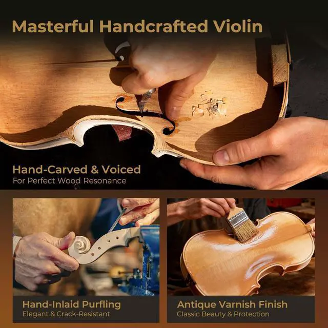 Alt view image 4 of 7 - Violin 4/4 Full Size Set, Handcrafted Entry Level Acoustic Violin Set with Lightweight Hard Case, Suitable for Beginners, Teens, 12+, Adults, Right Handed Players