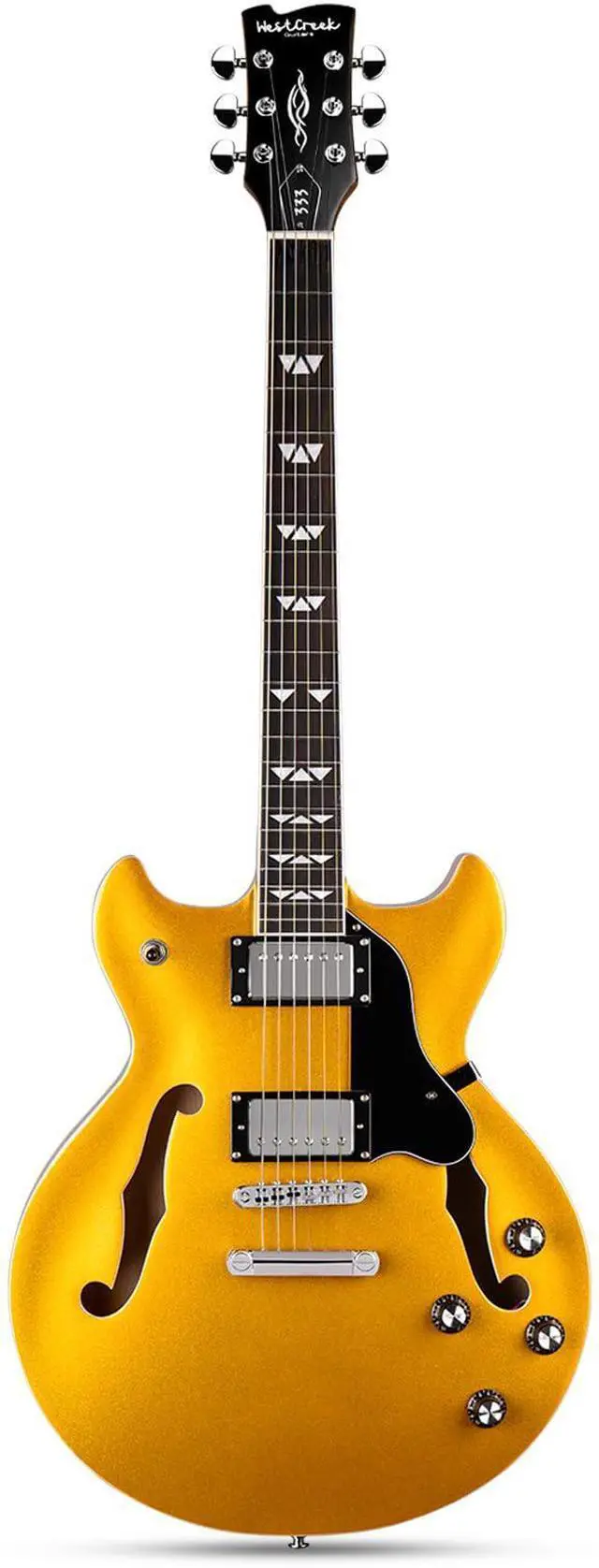 Main image of WestCreek 333 Semi Hollow Body Jazz Electric Guitar | 6 String, Alnico Humbucker Pickups, Roosewood Fingerboard, Rounded End Jumbo Frets, Full (Gold)
