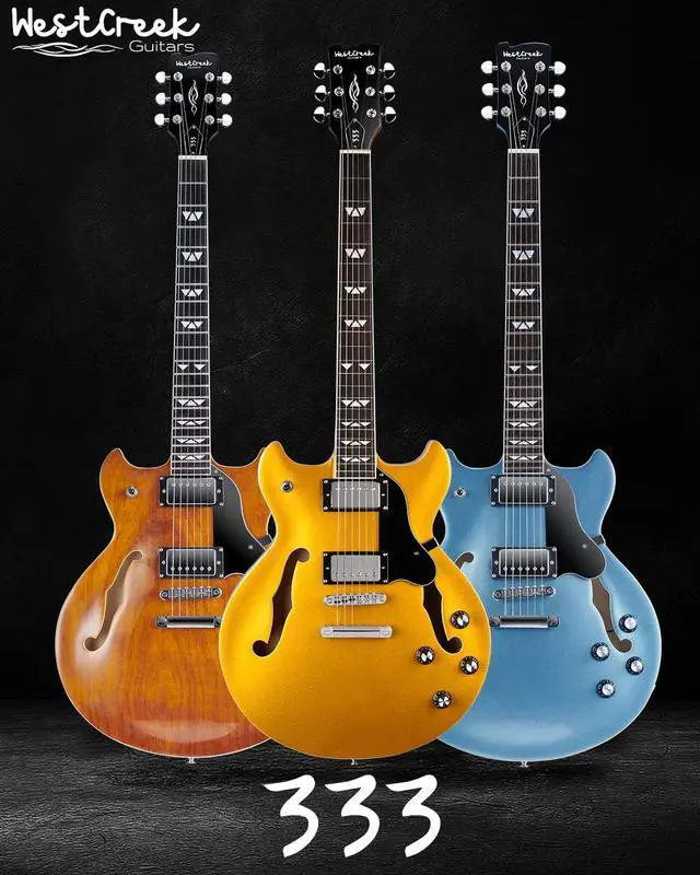 Alt view image 6 of 6 - WestCreek 333 Semi Hollow Body Jazz Electric Guitar | 6 String, Alnico Humbucker Pickups, Roosewood Fingerboard, Rounded End Jumbo Frets, Full (Gold)